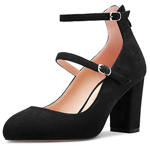 HDEUOLM Damen Chunky Blockabsatz Hoher High Absatz Heel Runde Zehenkappe Pumps Knöchelriemen Mary Jane Büroschuhe Cute 8 cm Heels Schwarz 44 EU von HDEUOLM