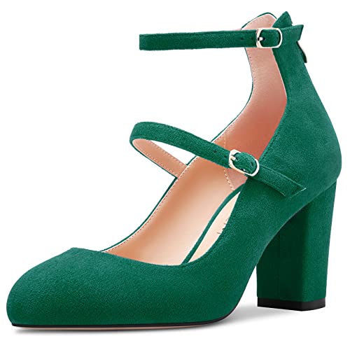 HDEUOLM Damen Chunky Blockabsatz Hoher High Absatz Heel Runde Zehenkappe Pumps Knöchelriemen Mary Jane Büroschuhe Cute 8 cm Heels Tiefgrün 39 EU von HDEUOLM