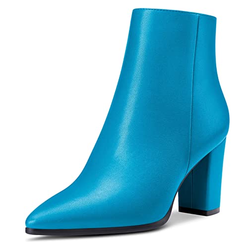 HDEUOLM Damen Chunky Blockabsatz Hoher High Absatz Heel Spitze Zehenkappe Reißverschluss Stiefeletten Hochzeit Büroschuhe 8.5 CM Heels Blau 38 EU von HDEUOLM