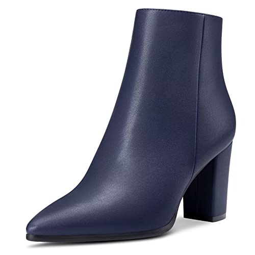 HDEUOLM Damen Chunky Blockabsatz Hoher High Absatz Heel Spitze Zehenkappe Reißverschluss Stiefeletten Hochzeit Büroschuhe 8.5 CM Heels Navy Blau 39 EU von HDEUOLM