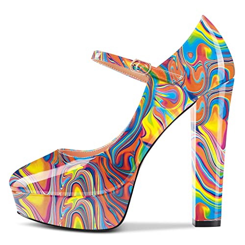 HDEUOLM Damen Chunky Blockabsatz Hoher High Plateau Plattform Absatz Heel Mary Jane Runde Zehenkappe Pumps Slip-on Party Dress Schuhe 13 cm Heels Mehrfarbig Lackleder 44 EU von HDEUOLM