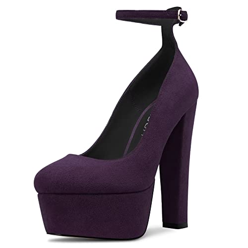 HDEUOLM Damen Chunky Blockabsatz Hoher High Plateau Plattform Absatz Heel Runde Zehenkappe Pumps Knöchelriemen Hochzeit Dress Schuhe Violett A 37 EU von HDEUOLM