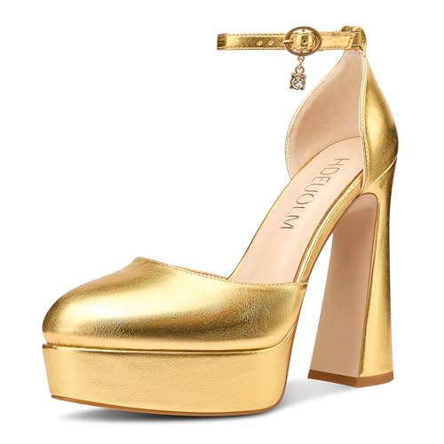 HDEUOLM Damen Chunky Blockabsatz Hoher High Plateau Plattform Absatz Heel Runde Zehenkappe Pumps Knöchelriemen Schnalle Party Cute 13.5 cm Heels Gold 43 EU von HDEUOLM