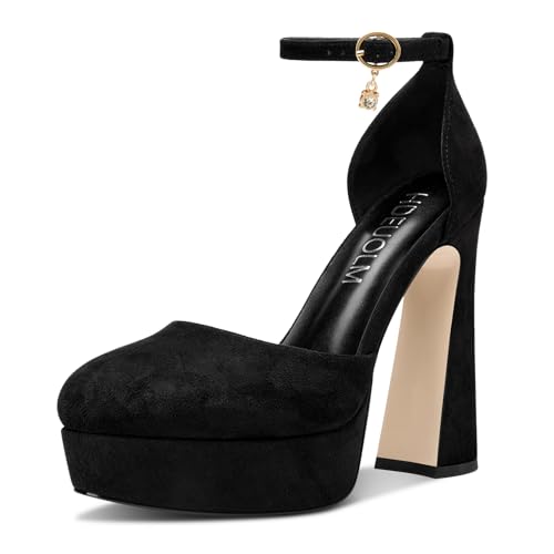 HDEUOLM Damen Chunky Blockabsatz Hoher High Plateau Plattform Absatz Heel Runde Zehenkappe Pumps Knöchelriemen Schnalle Party Cute 13.5 cm Heels Schwarz 39 EU von HDEUOLM
