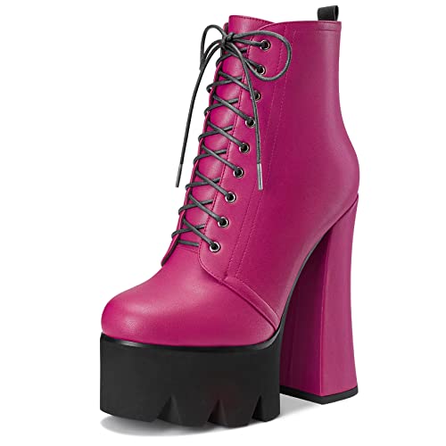 HDEUOLM Damen Chunky Blockabsatz Hoher High Plateau Plattform Absatz Heel Runde Zehenkappe Stiefeletten Schnüren Schnürung Reißverschluss Klassisch Schuhe Magenta Rot 38 EU von HDEUOLM