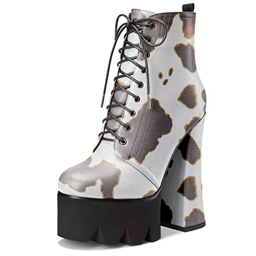 HDEUOLM Damen Chunky Blockabsatz Hoher High Plateau Plattform Absatz Heel Runde Zehenkappe Stiefeletten Schnüren Schnürung Reißverschluss Klassisch Schuhe Mehrfarbig A 40 EU von HDEUOLM