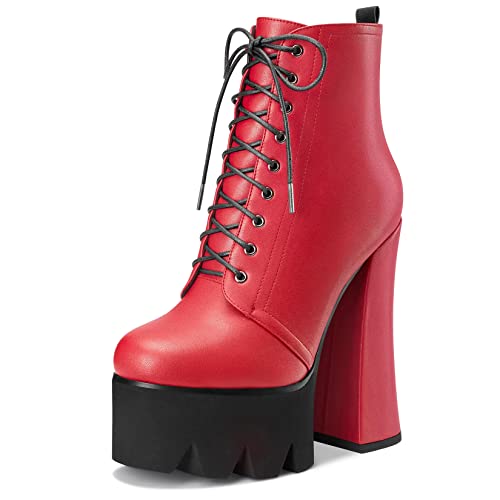 HDEUOLM Damen Chunky Blockabsatz Hoher High Plateau Plattform Absatz Heel Runde Zehenkappe Stiefeletten Schnüren Schnürung Reißverschluss Klassisch Schuhe Rot 37 EU von HDEUOLM