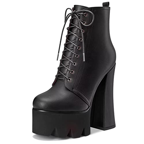 HDEUOLM Damen Chunky Blockabsatz Hoher High Plateau Plattform Absatz Heel Runde Zehenkappe Stiefeletten Schnüren Schnürung Reißverschluss Klassisch Schuhe Schwarz 38 EU von HDEUOLM
