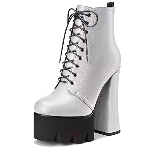 HDEUOLM Damen Chunky Blockabsatz Hoher High Plateau Plattform Absatz Heel Runde Zehenkappe Stiefeletten Schnüren Schnürung Reißverschluss Klassisch Schuhe Silber 40 EU von HDEUOLM