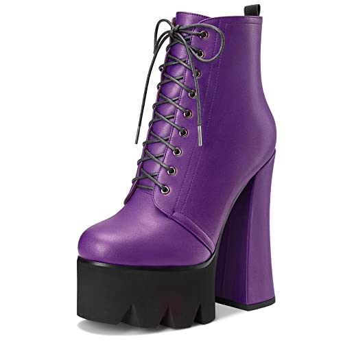 HDEUOLM Damen Chunky Blockabsatz Hoher High Plateau Plattform Absatz Heel Runde Zehenkappe Stiefeletten Schnüren Schnürung Reißverschluss Klassisch Schuhe Violett A 38 EU von HDEUOLM