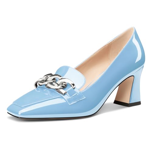 HDEUOLM Damen Chunky Blockabsatz Mittlerem Absatz Heel Eckige Zehenkappe Pumps Loafers Schuhe Slip-on Metall Kette Büroschuhe Klassisch 7 cm Heels Himmelblau 45 EU von HDEUOLM