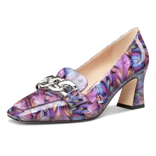 HDEUOLM Damen Chunky Blockabsatz Mittlerem Absatz Heel Eckige Zehenkappe Pumps Loafers Schuhe Slip-on Metall Kette Büroschuhe Klassisch 7 cm Heels Lila Wirbel 40 EU von HDEUOLM