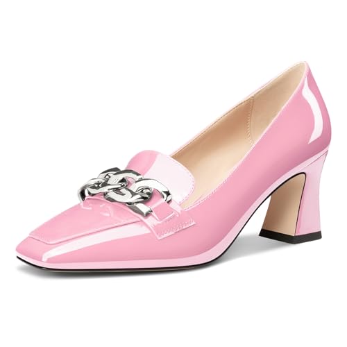 HDEUOLM Damen Chunky Blockabsatz Mittlerem Absatz Heel Eckige Zehenkappe Pumps Loafers Schuhe Slip-on Metall Kette Büroschuhe Klassisch 7 cm Heels Rosa 44 EU von HDEUOLM