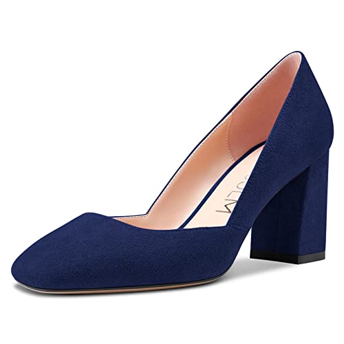 HDEUOLM Damen Chunky Blockabsatz Mittlerem Absatz Heel Eckige Zehenkappe Pumps Slip-on Hochzeit Büroschuhe Klassisch 7.5 cm Heels Schuhe Navy Blau 40 EU von HDEUOLM