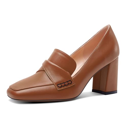 HDEUOLM Damen Chunky Blockabsatz Mittlerem Absatz Heel Eckige Zehenkappe Pumps Slip-on Loafers Schuhe Büroschuhe Klassisch 8 cm Heels Braun 38 EU von HDEUOLM