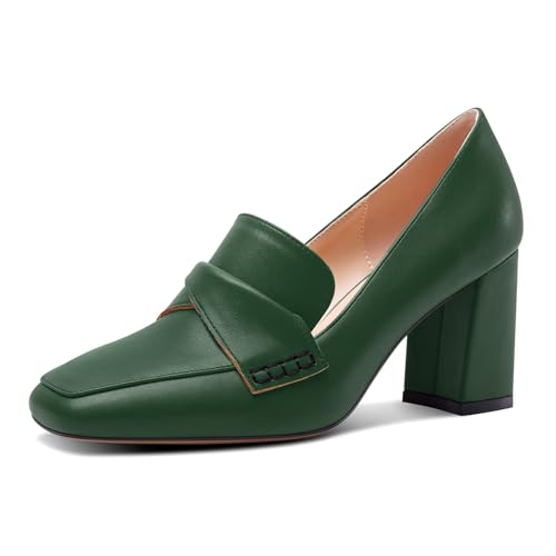 HDEUOLM Damen Chunky Blockabsatz Mittlerem Absatz Heel Eckige Zehenkappe Pumps Slip-on Loafers Schuhe Büroschuhe Klassisch 8 cm Heels Dunkelgrün 38 EU von HDEUOLM