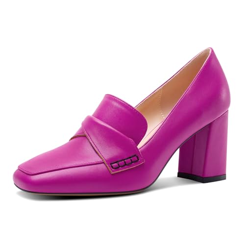 HDEUOLM Damen Chunky Blockabsatz Mittlerem Absatz Heel Eckige Zehenkappe Pumps Slip-on Loafers Schuhe Büroschuhe Klassisch 8 cm Heels Fuchsia 39 EU von HDEUOLM
