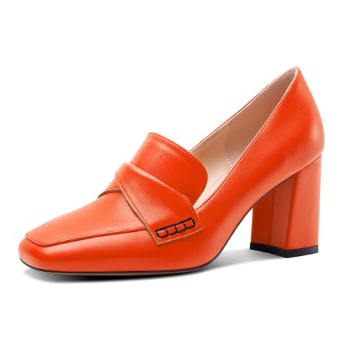 HDEUOLM Damen Chunky Blockabsatz Mittlerem Absatz Heel Eckige Zehenkappe Pumps Slip-on Loafers Schuhe Büroschuhe Klassisch 8 cm Heels Helles Orange 39 EU von HDEUOLM