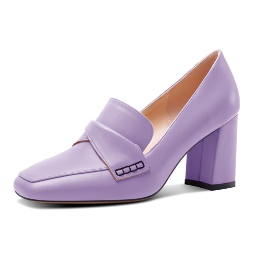 HDEUOLM Damen Chunky Blockabsatz Mittlerem Absatz Heel Eckige Zehenkappe Pumps Slip-on Loafers Schuhe Büroschuhe Klassisch 8 cm Heels Hellviolett 39 EU von HDEUOLM