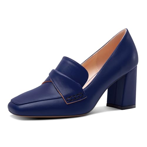 HDEUOLM Damen Chunky Blockabsatz Mittlerem Absatz Heel Eckige Zehenkappe Pumps Slip-on Loafers Schuhe Büroschuhe Klassisch 8 cm Heels Marineblau 38 EU von HDEUOLM