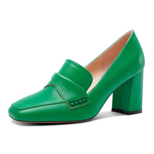 HDEUOLM Damen Chunky Blockabsatz Mittlerem Absatz Heel Eckige Zehenkappe Pumps Slip-on Loafers Schuhe Büroschuhe Klassisch 8 cm Heels Smaragdgrün 39 EU von HDEUOLM