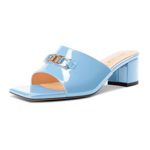 HDEUOLM Damen Chunky Blockabsatz Mittlerem Absatz Heel Eckige Zehenkappe Sandalen Pantoletten Schuhe Slip-on Schnalle Lässig Dress Sommer 5 CM Heels Hellblau 39 EU von HDEUOLM