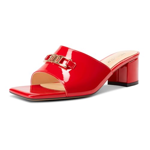 HDEUOLM Damen Chunky Blockabsatz Mittlerem Absatz Heel Eckige Zehenkappe Sandalen Pantoletten Schuhe Slip-on Schnalle Lässig Dress Sommer 5 CM Heels Rot 37 EU von HDEUOLM