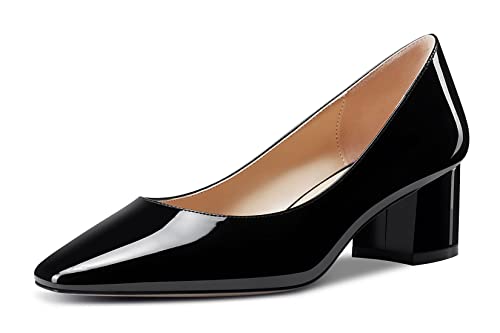 HDEUOLM Damen Chunky Blockabsatz Mittlerem Absatz Heel Geschlossene Eckige Zehenkappe Pumps Slip-on Hochzeit Klassisch Schuhe 5 cm Heels Schwarz Lackleder 42 EU von HDEUOLM