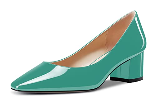 HDEUOLM Damen Chunky Blockabsatz Mittlerem Absatz Heel Geschlossene Eckige Zehenkappe Pumps Slip-on Hochzeit Klassisch Schuhe 5 cm Heels Smaragd Grün Lackleder 39 EU von HDEUOLM