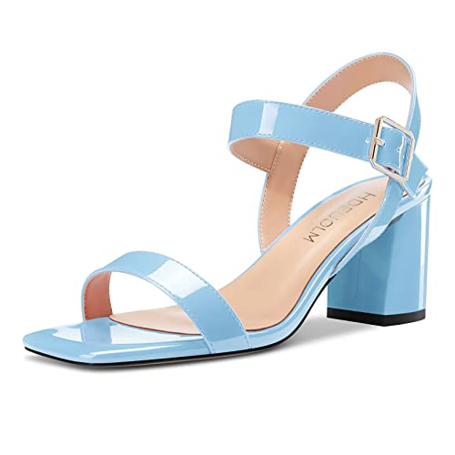 HDEUOLM Damen Chunky Blockabsatz Mittlerem Absatz Heel Peep Open Zehenkappe Sandalen Knöchelriemen Schnalle Büroschuhe Klassisch Schuhe Hellblau 45 EU von HDEUOLM