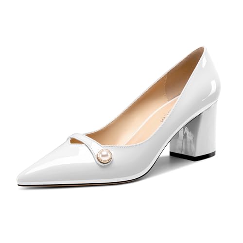 HDEUOLM Damen Chunky Blockabsatz Mittlerem Niedrige Absatz Heel Spitze Zehenkappe Pumps Slip-on Perlen Lässig Dress 6 cm Heels Weiß 37 EU von HDEUOLM