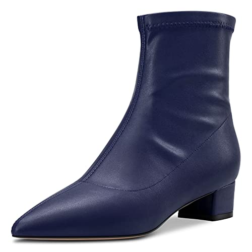 HDEUOLM Damen Chunky Blockabsatz Niedrige Absatz Heel Geschlossene Spitze Zehenkappe Stiefeletten 3.5 CM Heels Slip-on Klassisch Dress Reißverschluss Schuhe Blau Matt 37 EU von HDEUOLM