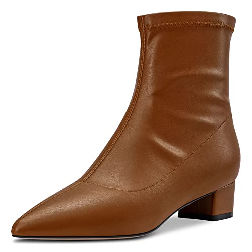 HDEUOLM Damen Chunky Blockabsatz Niedrige Absatz Heel Geschlossene Spitze Zehenkappe Stiefeletten 3.5 CM Heels Slip-on Klassisch Dress Reißverschluss Schuhe Braun Matt 35 EU von HDEUOLM