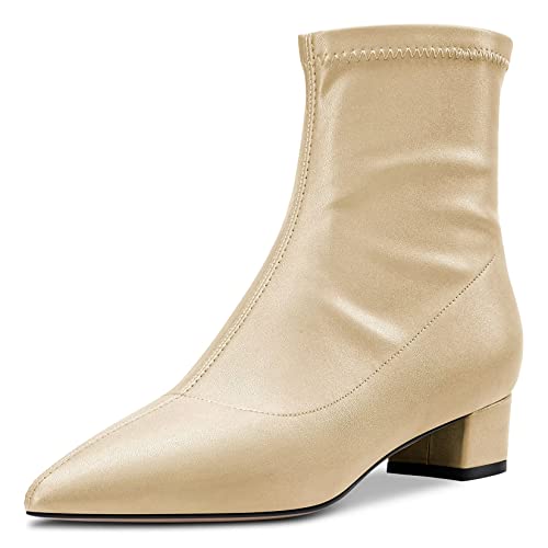 HDEUOLM Damen Chunky Blockabsatz Niedrige Absatz Heel Geschlossene Spitze Zehenkappe Stiefeletten 3.5 CM Heels Slip-on Klassisch Dress Reißverschluss Schuhe Gold Matt 40 EU von HDEUOLM