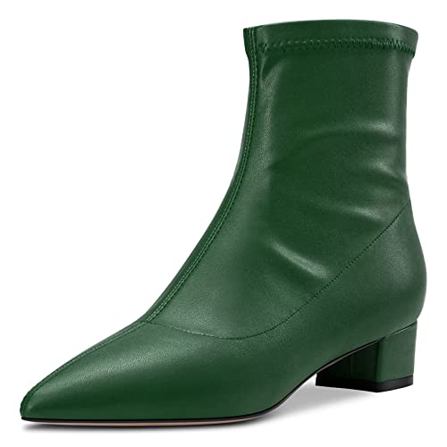 HDEUOLM Damen Chunky Blockabsatz Niedrige Absatz Heel Geschlossene Spitze Zehenkappe Stiefeletten 3.5 CM Heels Slip-on Klassisch Dress Reißverschluss Schuhe Grün Matt A 42 EU von HDEUOLM