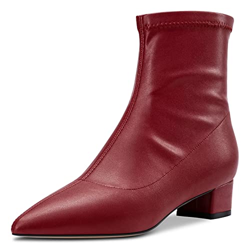 HDEUOLM Damen Chunky Blockabsatz Niedrige Absatz Heel Geschlossene Spitze Zehenkappe Stiefeletten 3.5 CM Heels Slip-on Klassisch Dress Reißverschluss Schuhe Rot Matt 39 EU von HDEUOLM