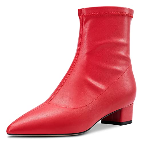 HDEUOLM Damen Chunky Blockabsatz Niedrige Absatz Heel Geschlossene Spitze Zehenkappe Stiefeletten 3.5 CM Heels Slip-on Klassisch Dress Reißverschluss Schuhe Rot Matt A 37 EU von HDEUOLM