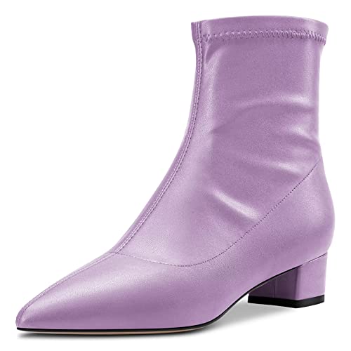 HDEUOLM Damen Chunky Blockabsatz Niedrige Absatz Heel Geschlossene Spitze Zehenkappe Stiefeletten 3.5 CM Heels Slip-on Klassisch Dress Reißverschluss Schuhe Violett Matt 38 EU von HDEUOLM