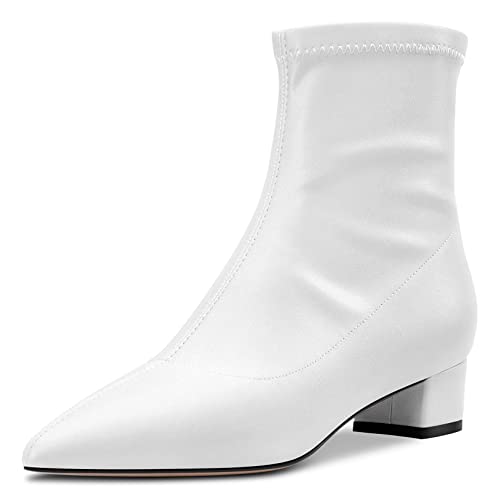 HDEUOLM Damen Chunky Blockabsatz Niedrige Absatz Heel Geschlossene Spitze Zehenkappe Stiefeletten 3.5 CM Heels Slip-on Klassisch Dress Reißverschluss Schuhe Weiß Matt 38 EU von HDEUOLM