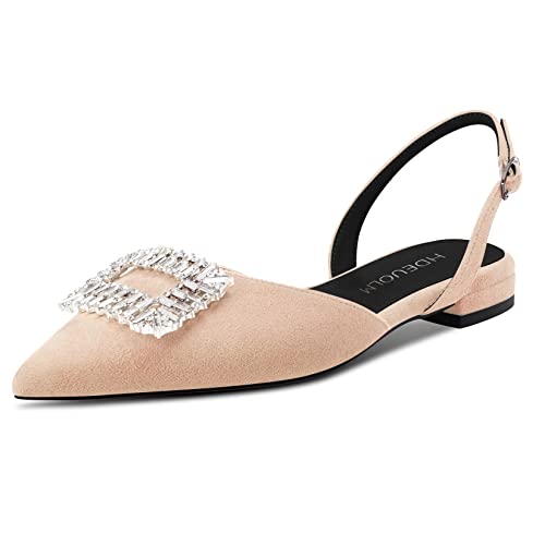 HDEUOLM Damen Chunky Blockabsatz Niedrige Absatz Heel Spitze Zehenkappe Flache Schuhe Slingback Diamant Kristall Abschlussball Dress Schuhe Beige 40 EU von HDEUOLM