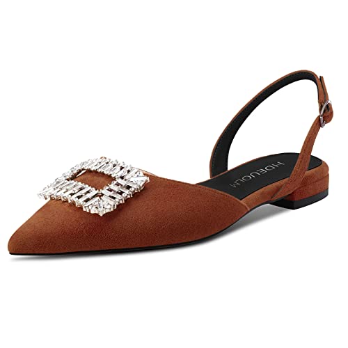 HDEUOLM Damen Chunky Blockabsatz Niedrige Absatz Heel Spitze Zehenkappe Flache Schuhe Slingback Diamant Kristall Abschlussball Dress Schuhe Braun A 37 EU von HDEUOLM