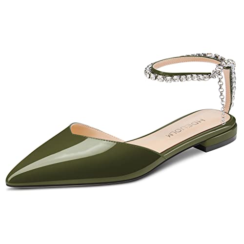 HDEUOLM Damen Chunky Blockabsatz Niedrige Absatz Heel Spitze Zehenkappe Pumps Knöchelriemen Slingback Diamant Kristall Hochzeit Dress Flache Schuhe Olivgrün 40 EU von HDEUOLM