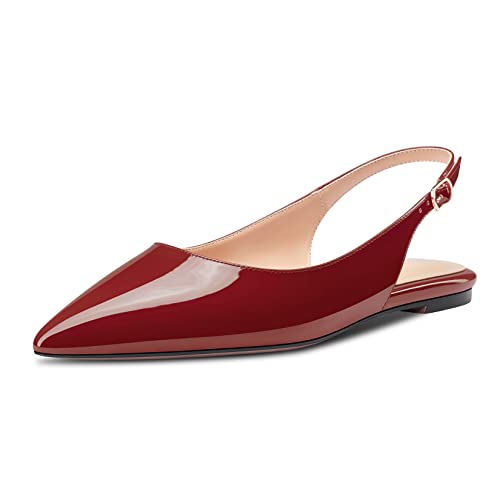 HDEUOLM Damen Flache Schuhe Niedrige Kitten Absatz Heel Spitze Pumps Slip-on Slingback Büroschuhe Party Dress Burgund Rot 39 EU von HDEUOLM