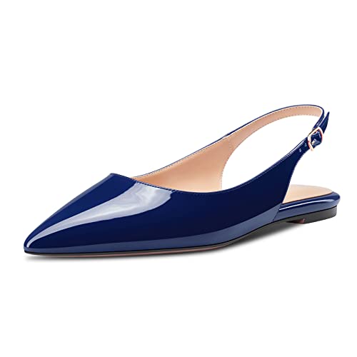 HDEUOLM Damen Flache Schuhe Niedrige Kitten Absatz Heel Spitze Pumps Slip-on Slingback Büroschuhe Party Dress Navy Blau 37 EU von HDEUOLM