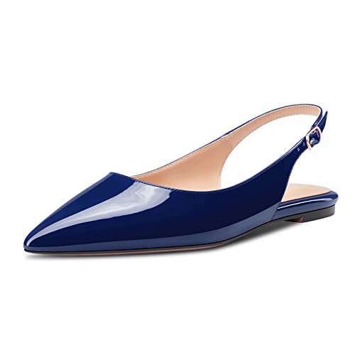 HDEUOLM Damen Flache Schuhe Niedrige Kitten Absatz Heel Spitze Pumps Slip-on Slingback Büroschuhe Party Dress Navy Blau 41 EU von HDEUOLM