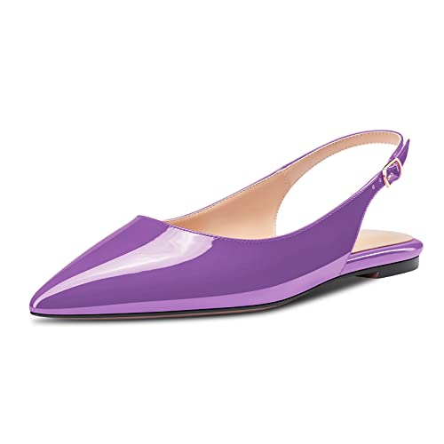 HDEUOLM Damen Flache Schuhe Niedrige Kitten Absatz Heel Spitze Pumps Slip-on Slingback Büroschuhe Party Dress Violett Lackleder 37 EU von HDEUOLM