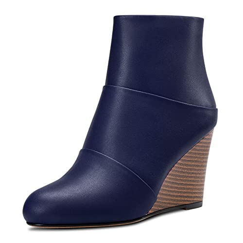 HDEUOLM Damen Hoher High Keilabsatz Absatz Heel Geschlossene Runde Zehenkappe Stiefeletten 8.5 CM Heels Slip-on Reißverschluss Cute Schuhe Blau 37 EU von HDEUOLM