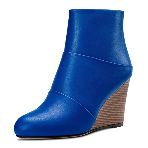 HDEUOLM Damen Hoher High Keilabsatz Absatz Heel Geschlossene Runde Zehenkappe Stiefeletten 8.5 CM Heels Slip-on Reißverschluss Cute Schuhe Blau B 38 EU von HDEUOLM