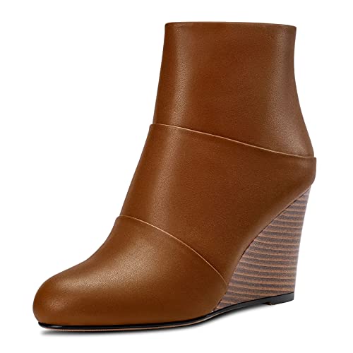 HDEUOLM Damen Hoher High Keilabsatz Absatz Heel Geschlossene Runde Zehenkappe Stiefeletten 8.5 CM Heels Slip-on Reißverschluss Cute Schuhe Braun 43 EU von HDEUOLM