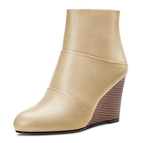 HDEUOLM Damen Hoher High Keilabsatz Absatz Heel Geschlossene Runde Zehenkappe Stiefeletten 8.5 CM Heels Slip-on Reißverschluss Cute Schuhe Gold 41 EU von HDEUOLM